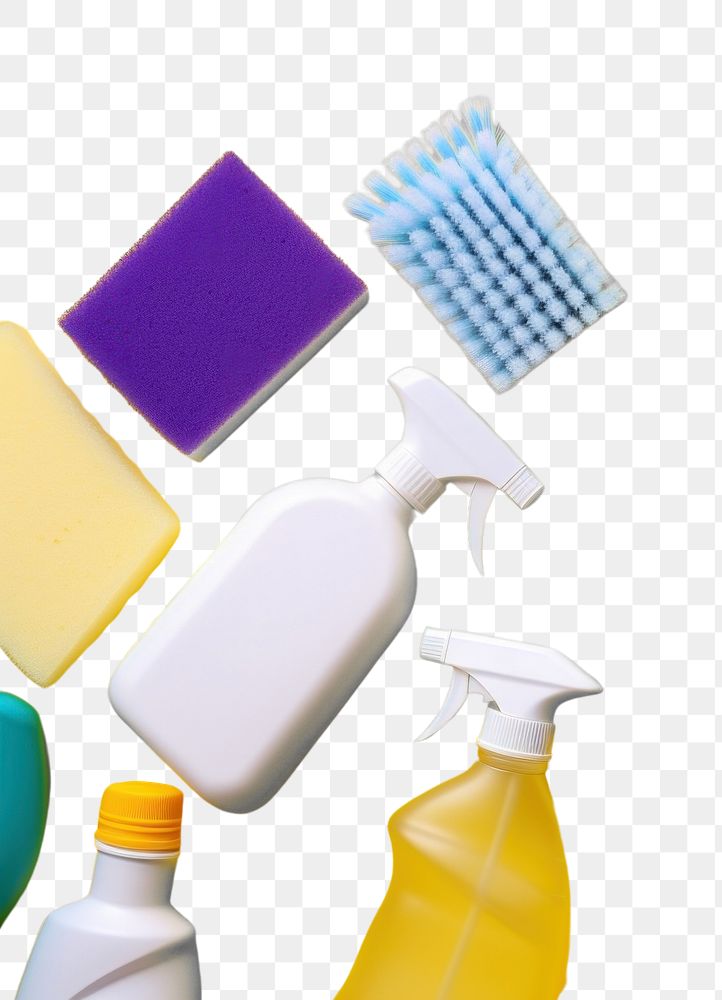 PNG  Colorful cleaning set yellow yellow background container. AI generated Image by rawpixel.