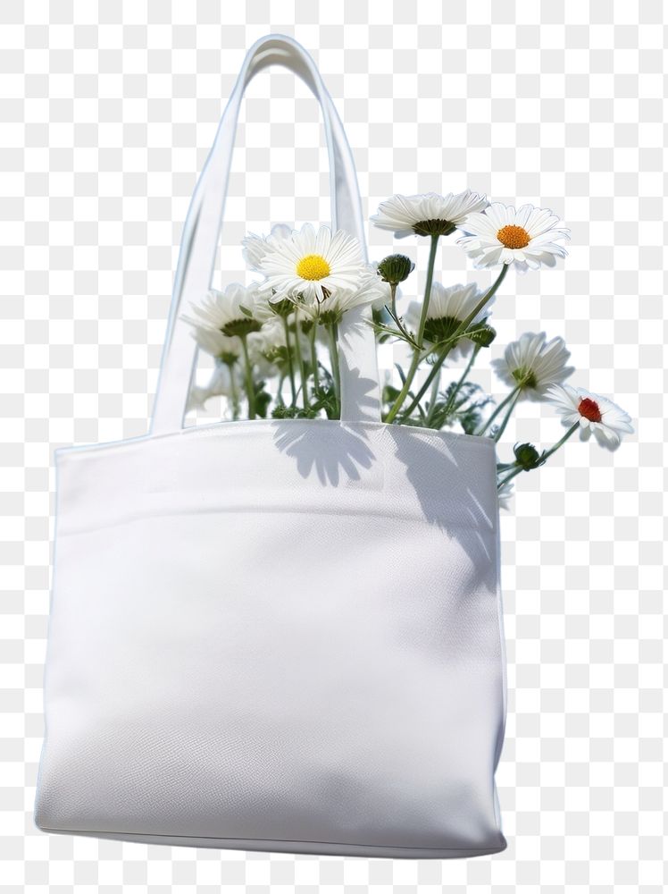 PNG A white tote bag mockup flower outdoors handbag.