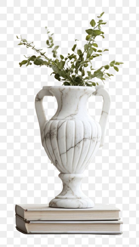 PNG Marble sculpture white vase with vintage book on a table windowsill flower plant