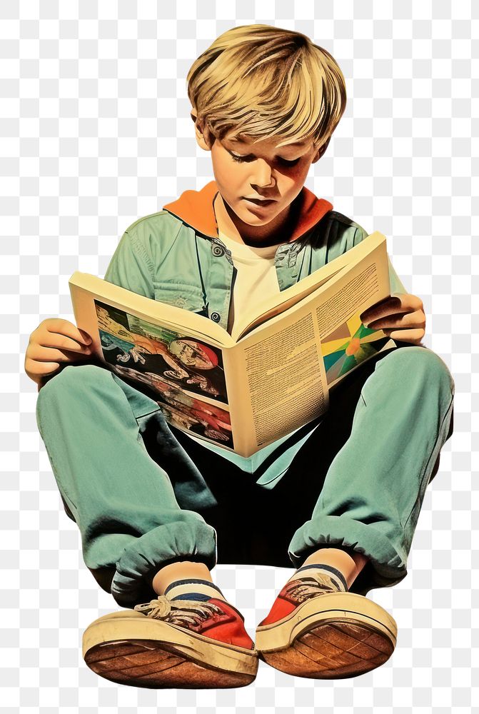 PNG Retro collage of a young boy sitting reading book publication.
