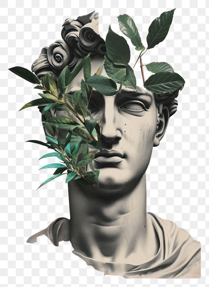 PNG A man with a statue head plant photo advertisement.