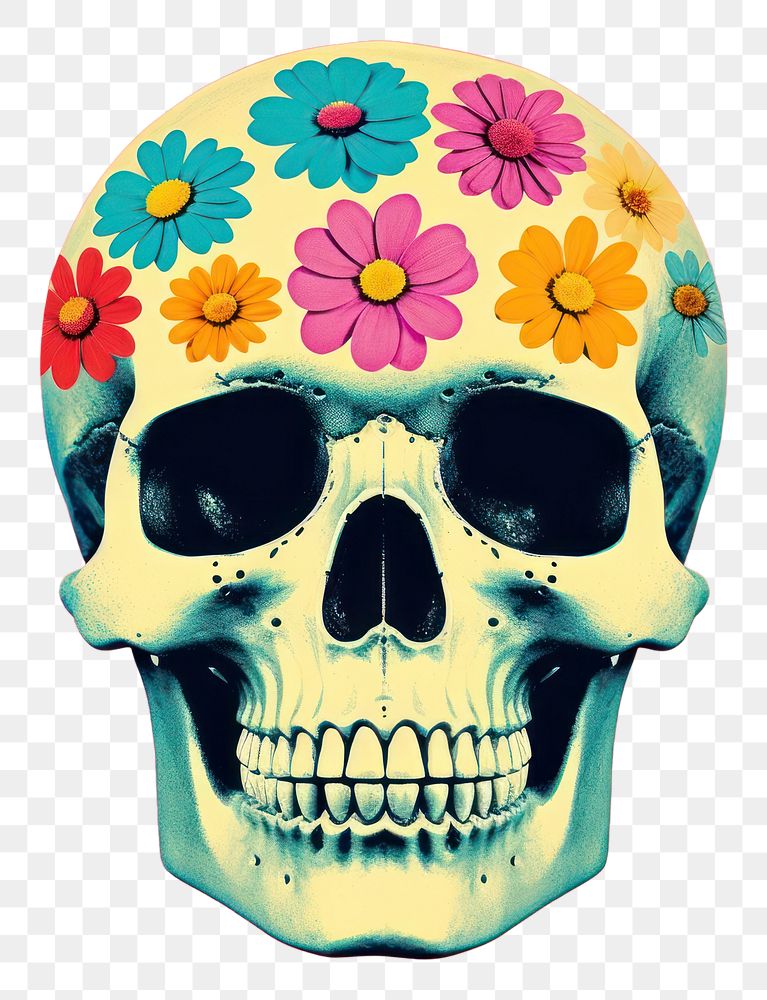 PNG Retro collage of skull art inflorescence creativity.