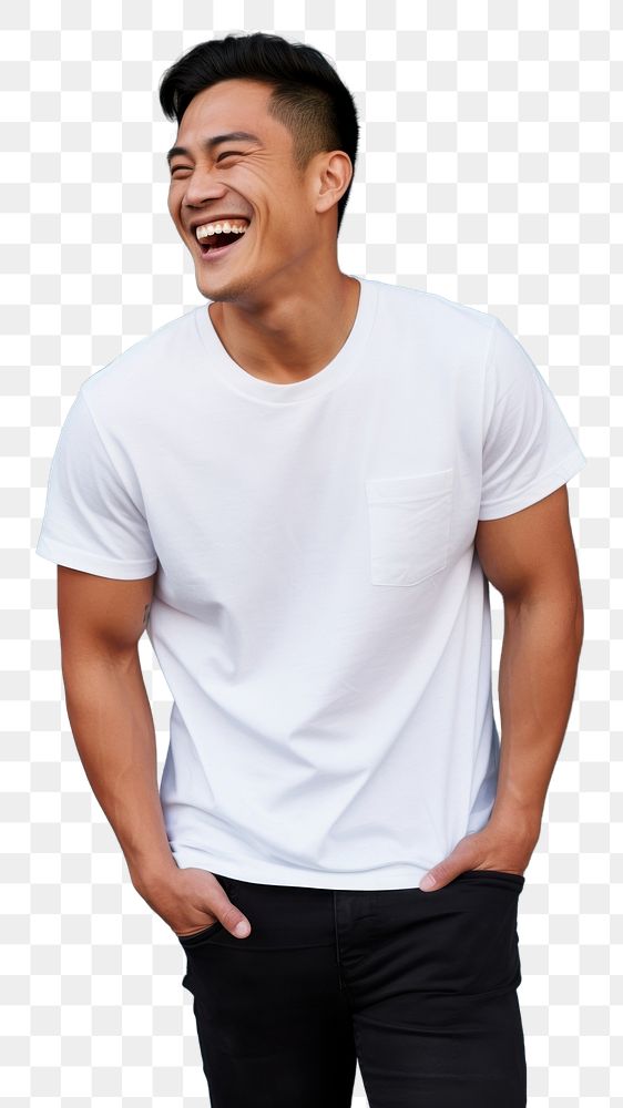 PNG Asian American man wearing white t-shirt laughing smile adult.