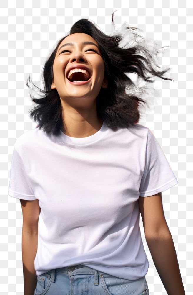 PNG Asian American woman wearing white t-shirt laughing adult fun.