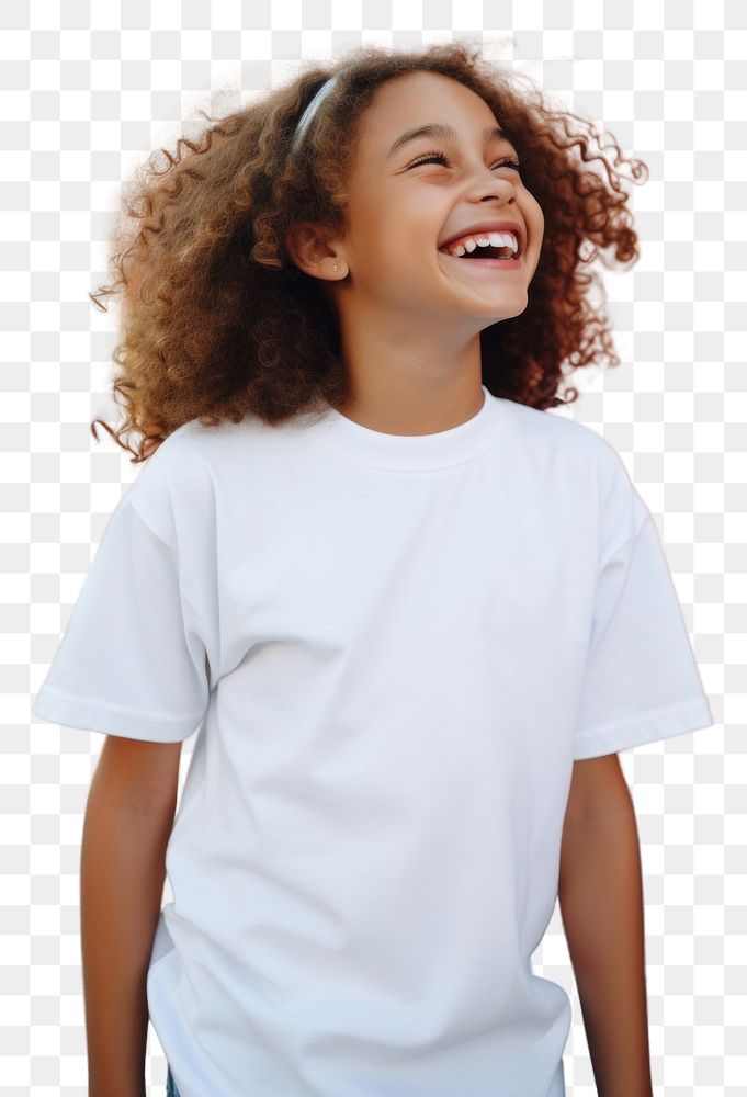 PNG A female kid wearing white t-shirt laughing smile fun.