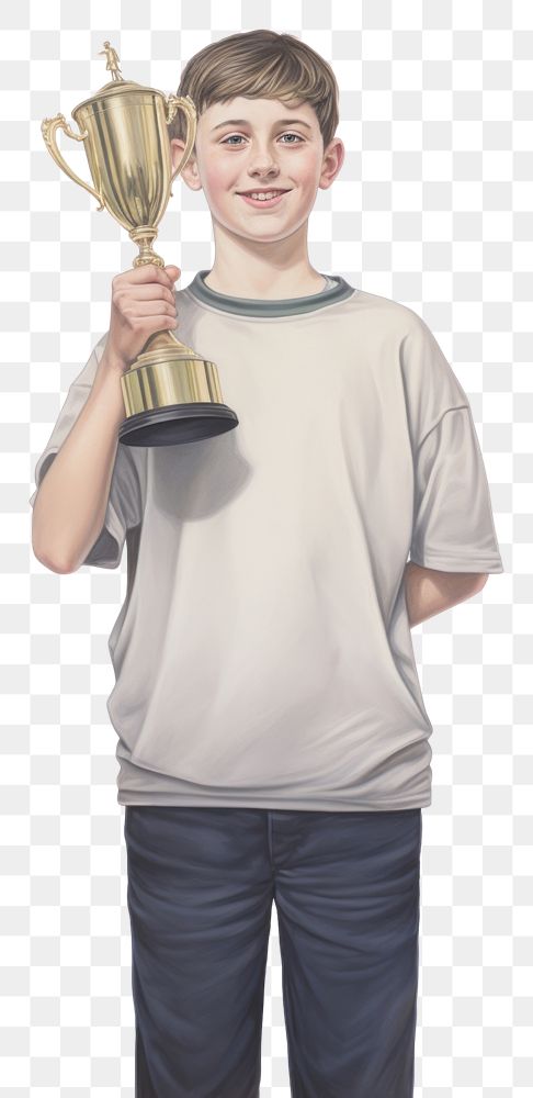 PNG  Kid holding a trophy t-shirt white background achievement. AI generated Image by rawpixel.