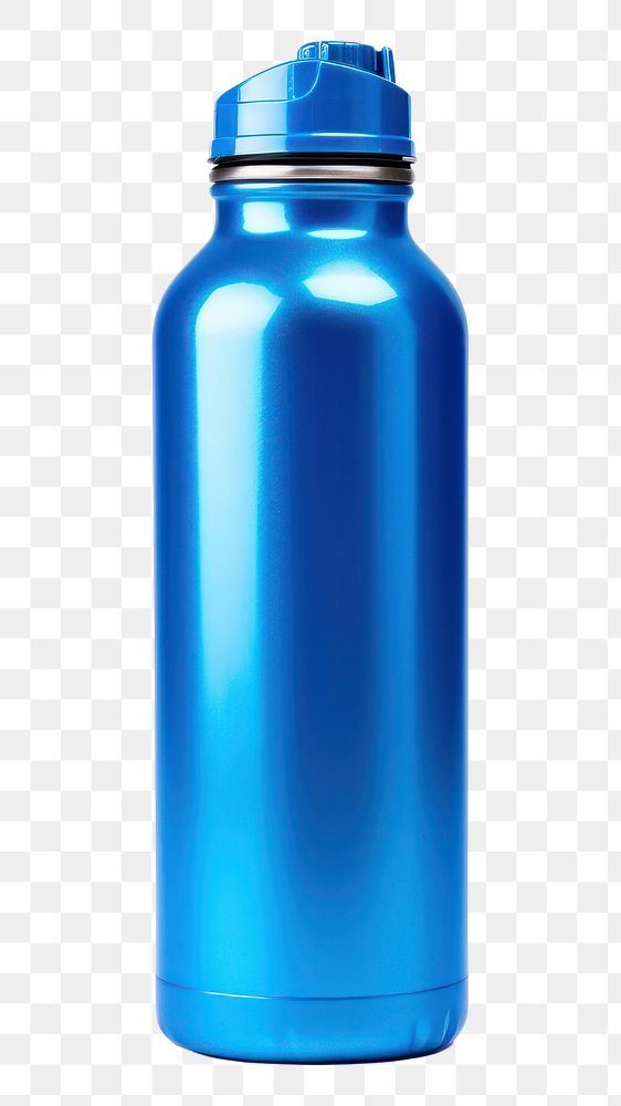 PNG  Blue metalic water bottle blue white background drinkware.