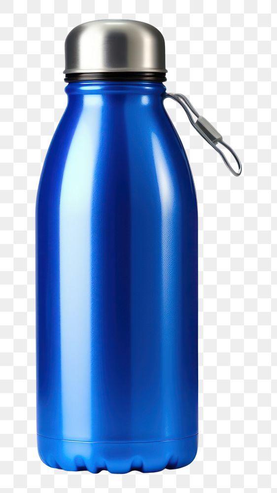 PNG  Blue metalic water bottle blue white background refreshment.