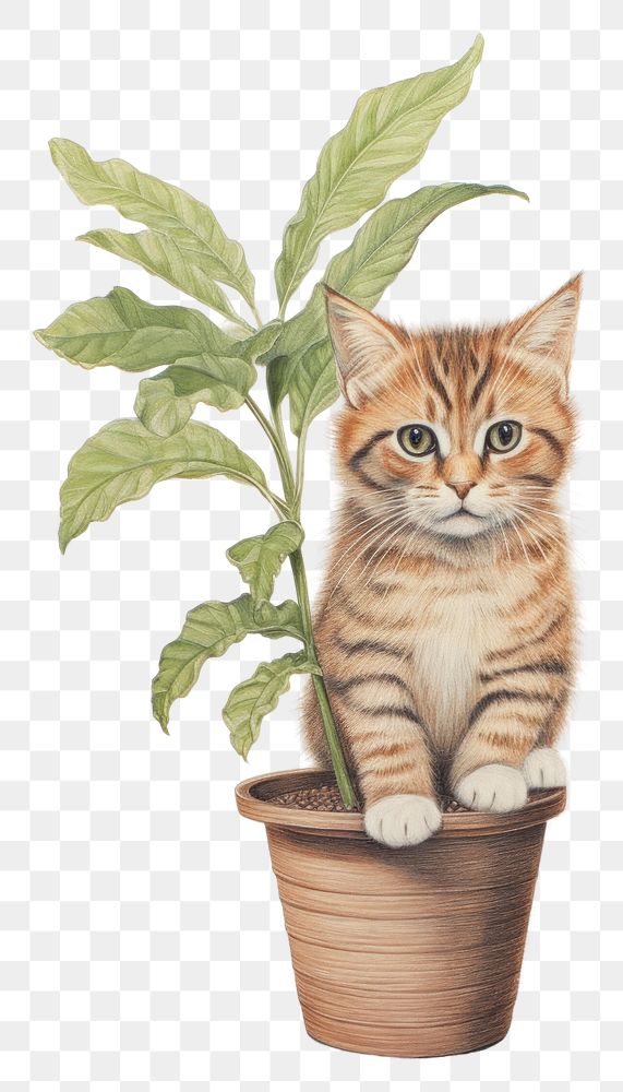 PNG Cat character holding plant pot houseplant drawing mammal.