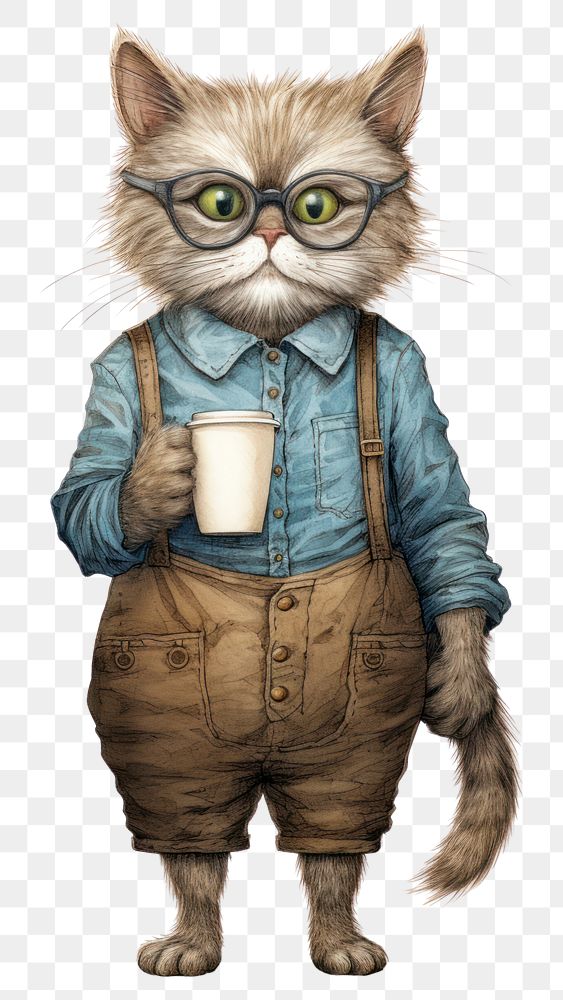 PNG Cat character barista holding coffee cup drawing sketch portrait.