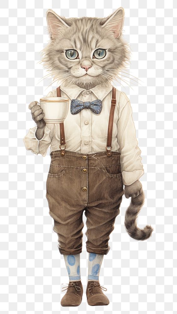 PNG Cat character barista holding coffee cup drawing animal mammal.