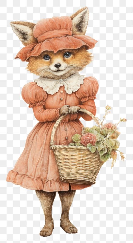 PNG Fox character holding flower basket drawing mammal sketch.