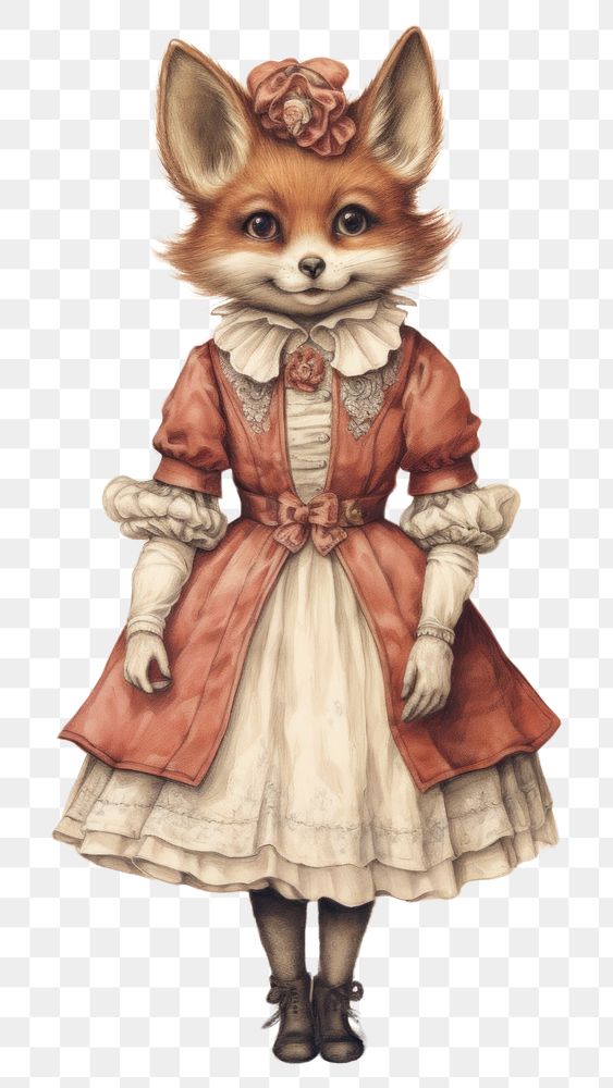 PNG Cute fox character wearing vintage costume drawing mammal animal.