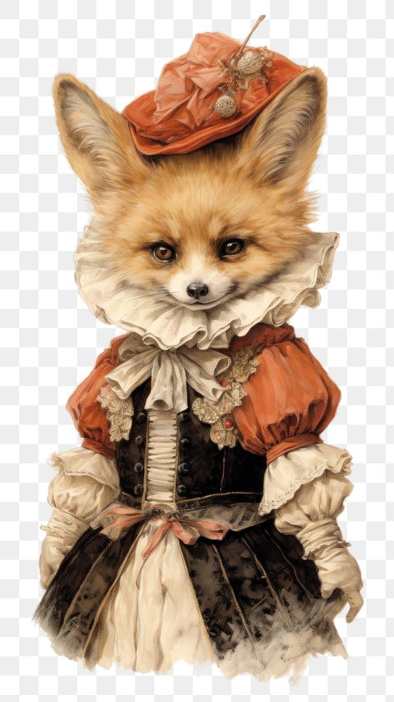 PNG Cute fox character wearing vintage costume drawing mammal animal.