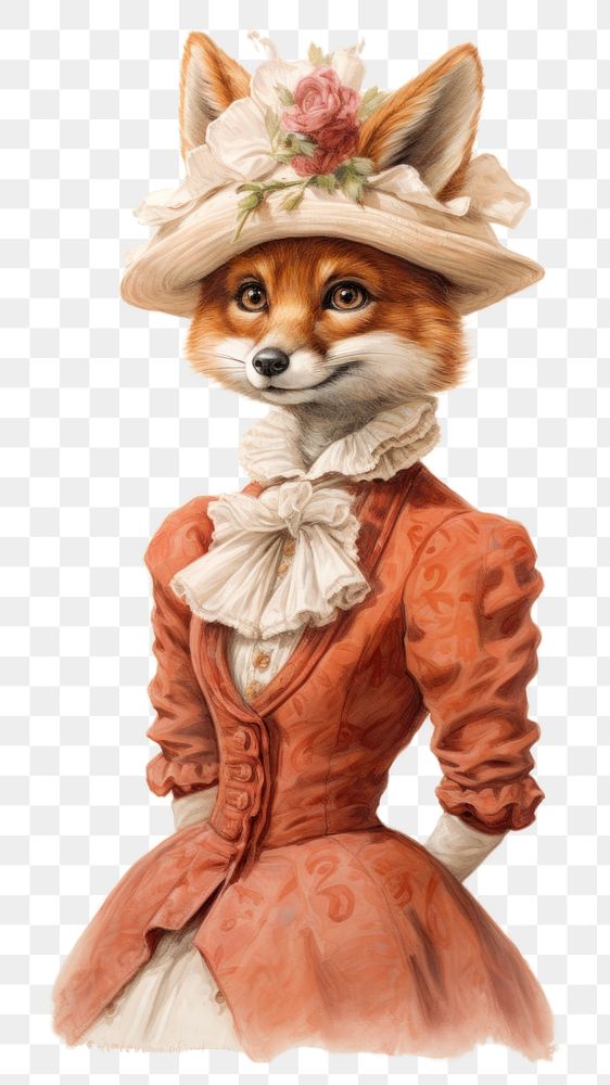 PNG Cute fox character wearing vintage costume portrait mammal animal