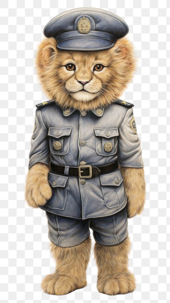 PNG Lion character wearing police costume mammal representation accessories.