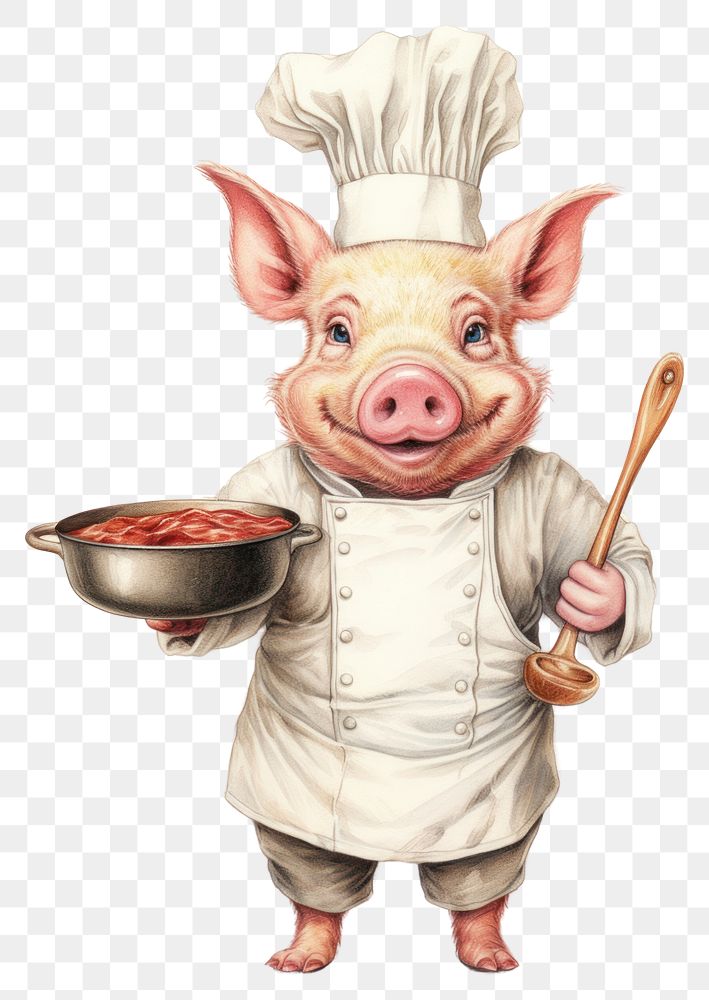 PNG Pig chef character holding fry pan mammal sketch food.