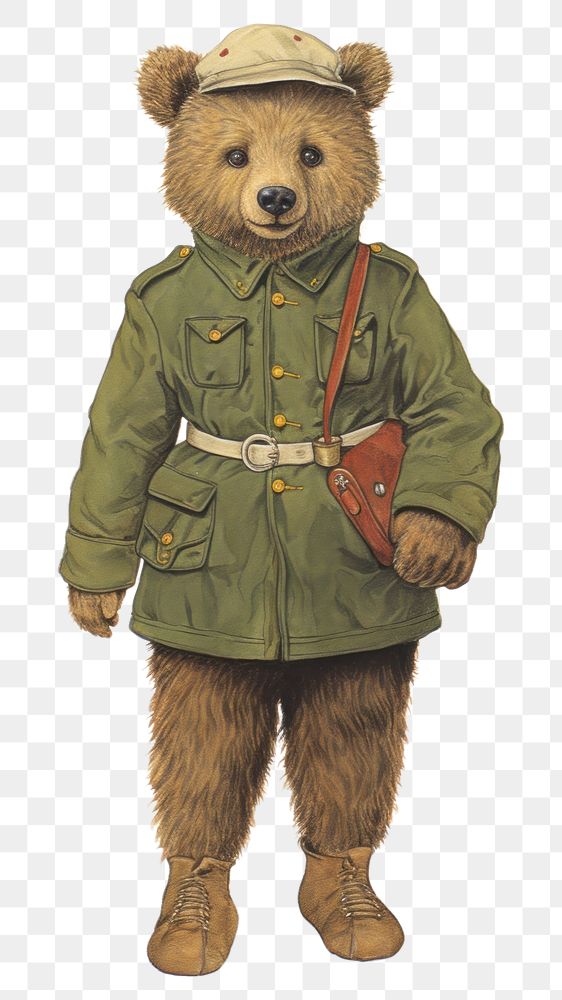 PNG Bear character wearing british soldier uniform sketch mammal representation.