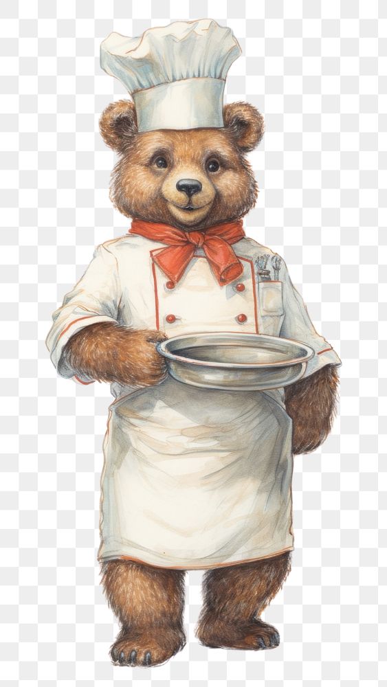 PNG Bear chef character holding fry pan portrait drawing sketch.