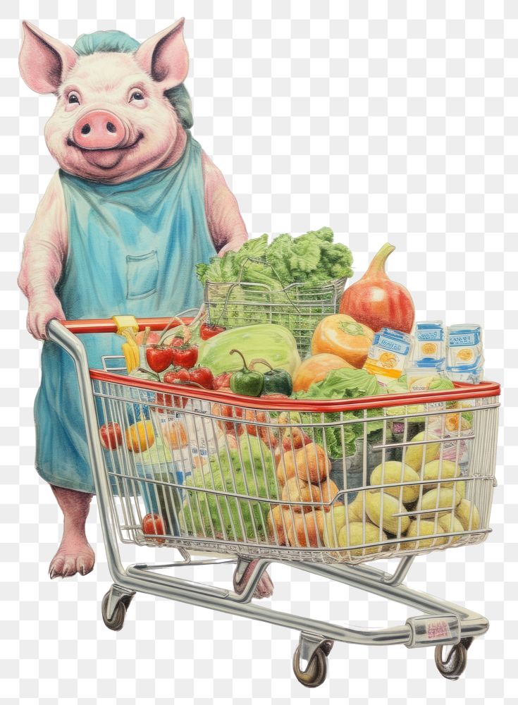 PNG Pig character grocery shopping drawing mammal sketch.
