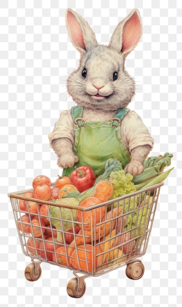 PNG Rabbit character grocery shopping drawing basket rodent.