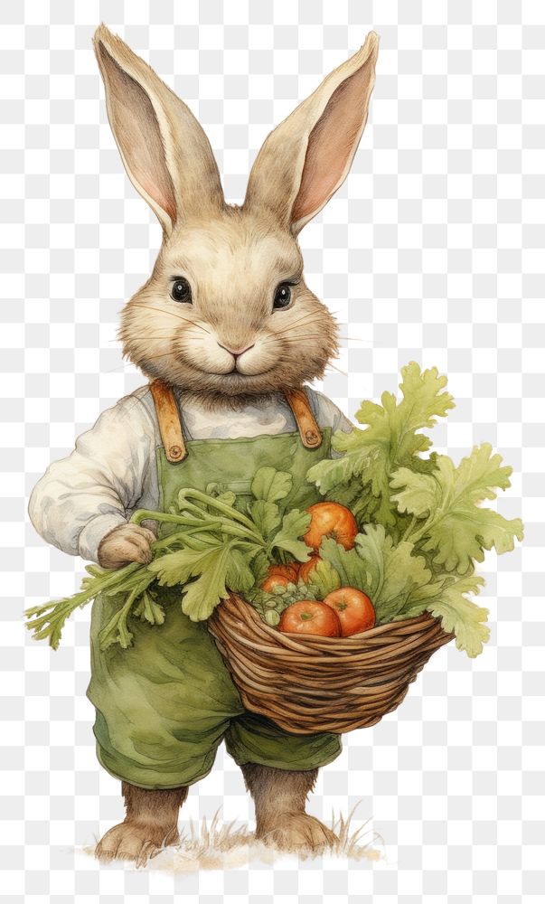 PNG Rabbit character holding vegetable basket drawing mammal sketch