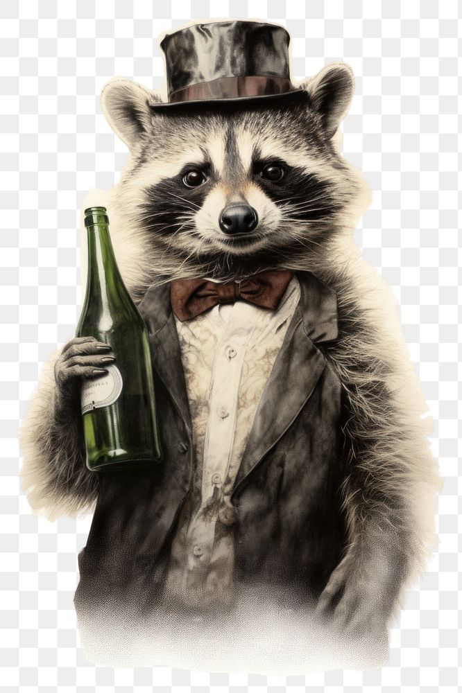 PNG Raccoon character holding wine bottle drawing animal mammal.