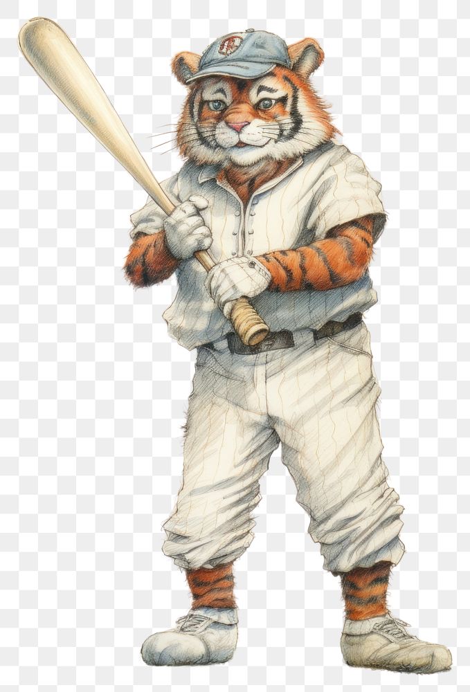 PNG Tiger character playing baseball drawing sports sketch.