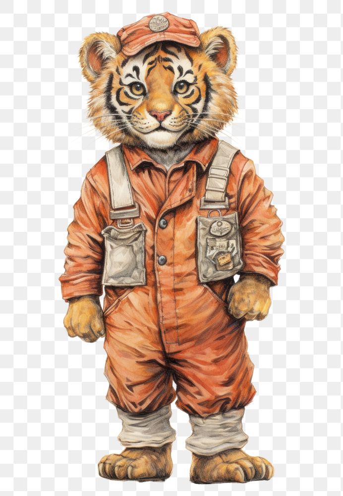 PNG Tiger character wearing mechanic uniform drawing mammal sketch.