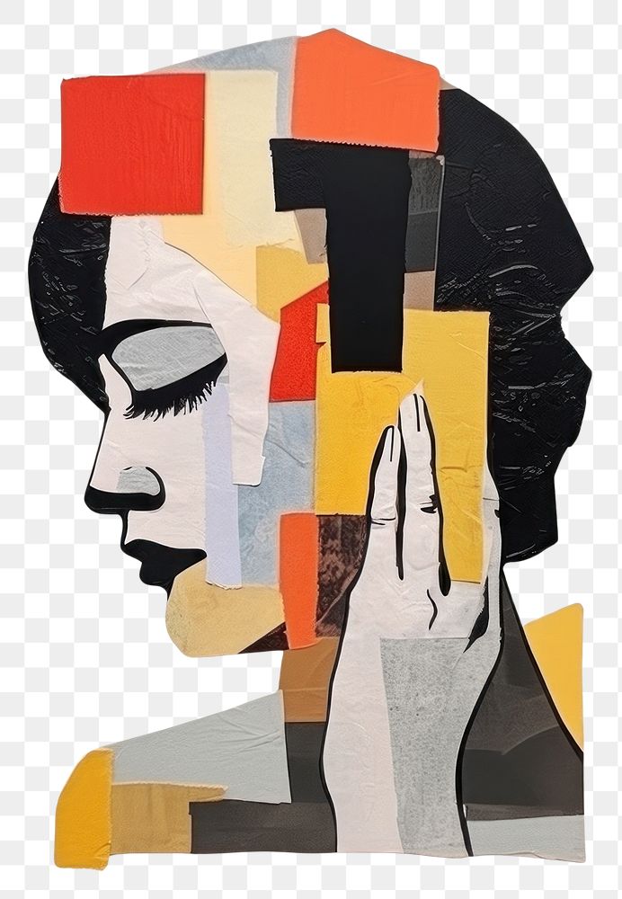 PNG Woman thinking collage painting hand.
