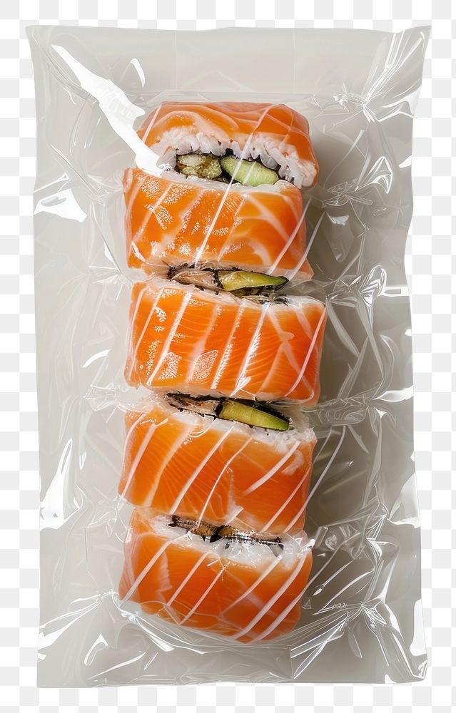 PNG  Plastic wrapping over a sushi food rice dish.