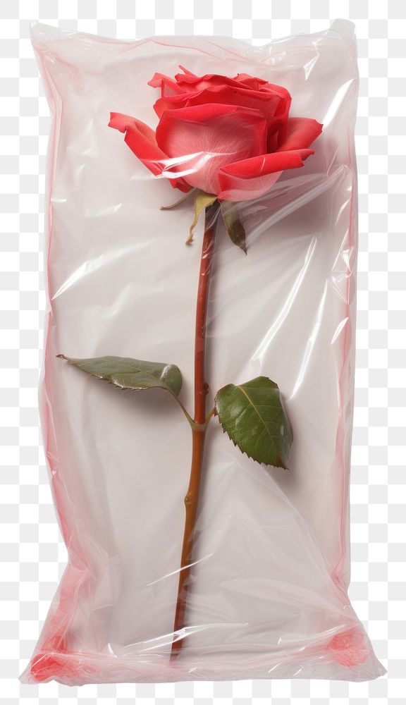 PNG  Plastic wrapping over a rose flower plant leaf.