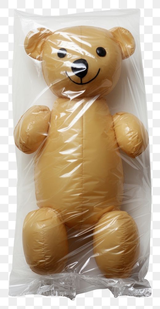 PNG  Plastic wrapping over a teddy bear toy white background representation.