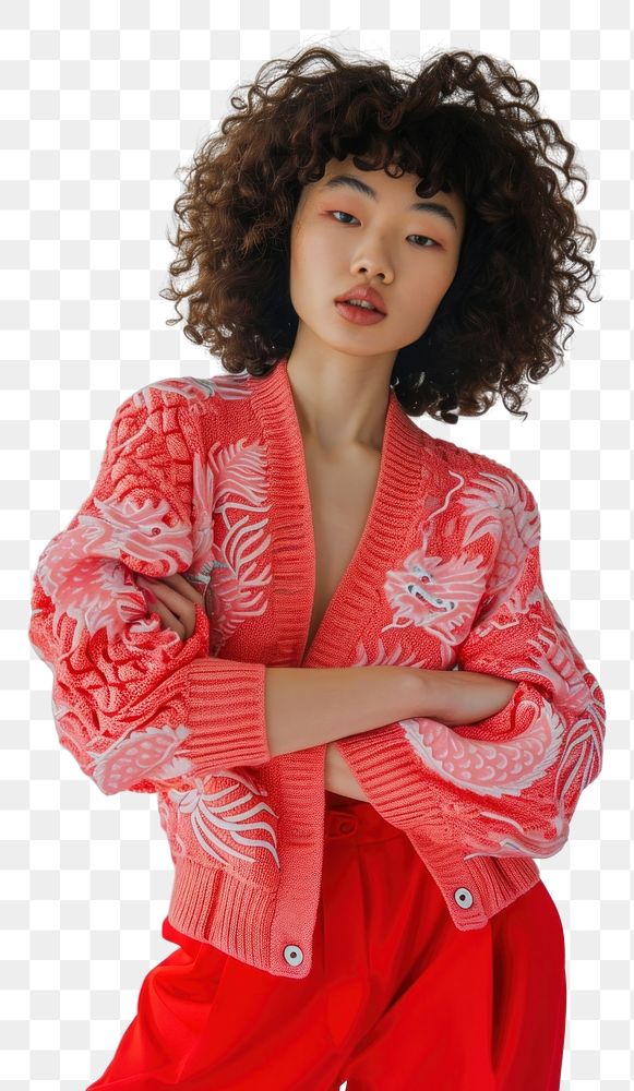 PNG  Pink dragon knit cardigan standing sweater dress.