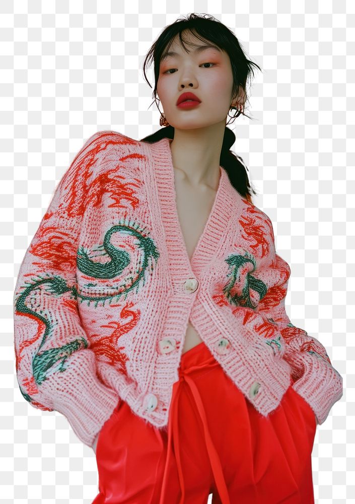 PNG  Pink dragon knit cardigan standing red art.
