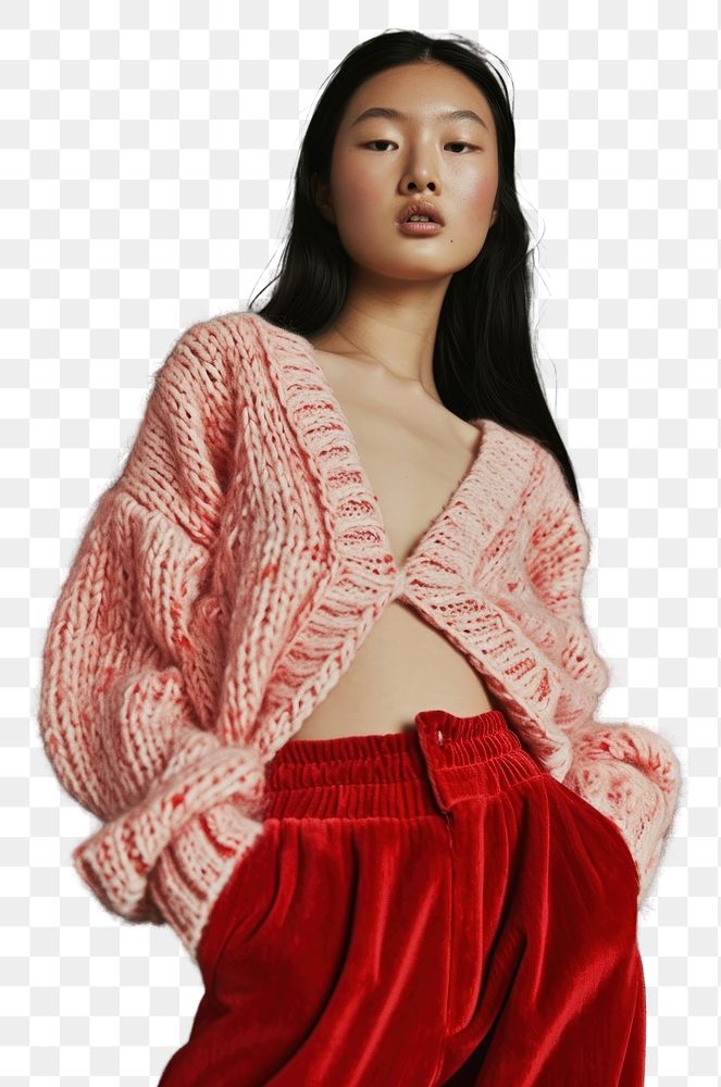 PNG  Pink knit cardigan standing sweater red.