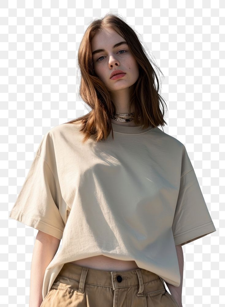 PNG  Over beige t-shirt sleeve blouse white.