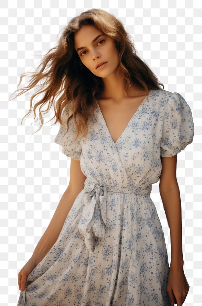 PNG  Small blue flowers dress fashion adult woman.