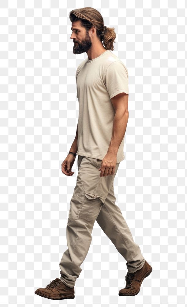 PNG Cream t-shirt and pant mockup footwear walking person.