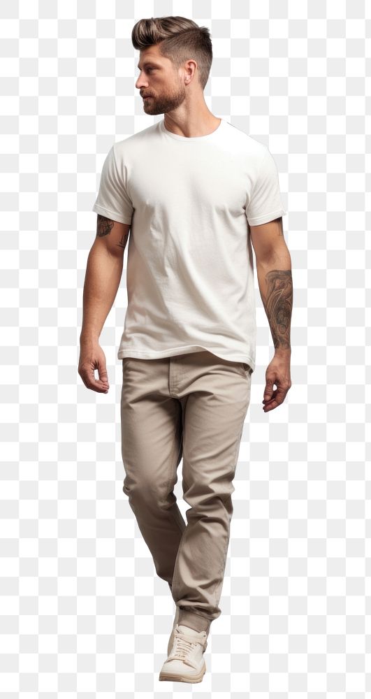 PNG Cream t-shirt and pant mockup walking person adult.