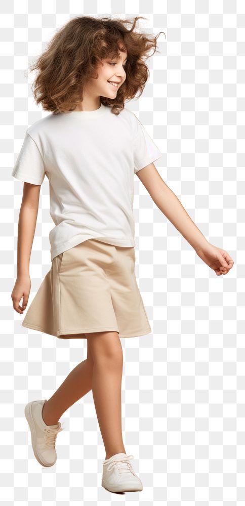 PNG Cream t-shirt and skirt mockup miniskirt shorts person.