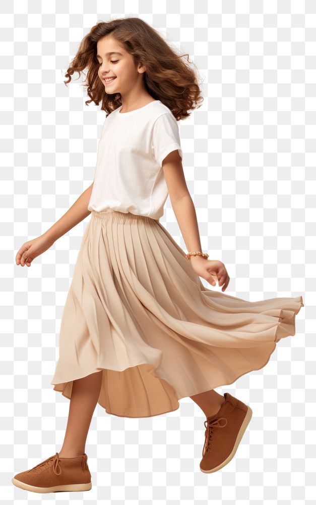 PNG Cream t-shirt and skirt mockup footwear person dress.