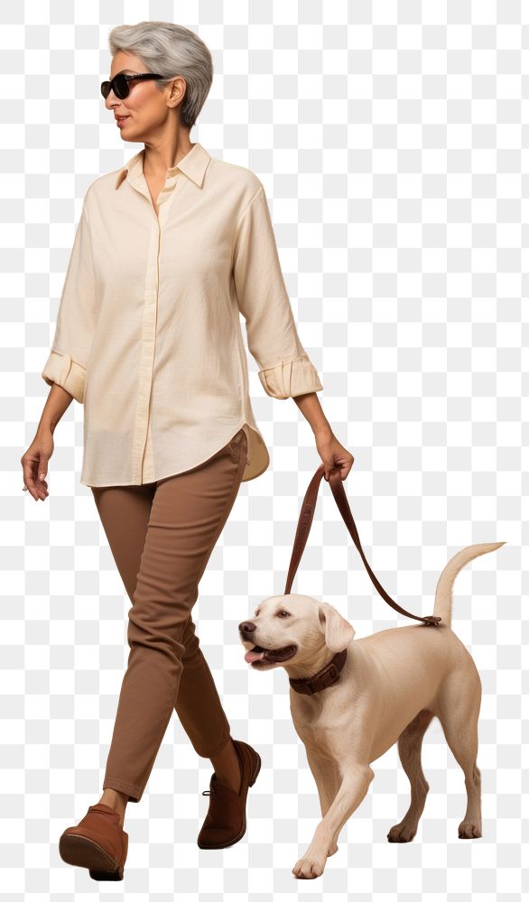 PNG Cream shirt and pant mockup dog glasses walking.
