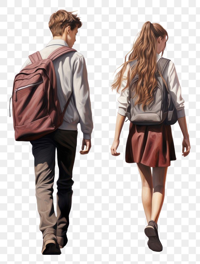PNG Schoolgirl schoolboy backpack walking.