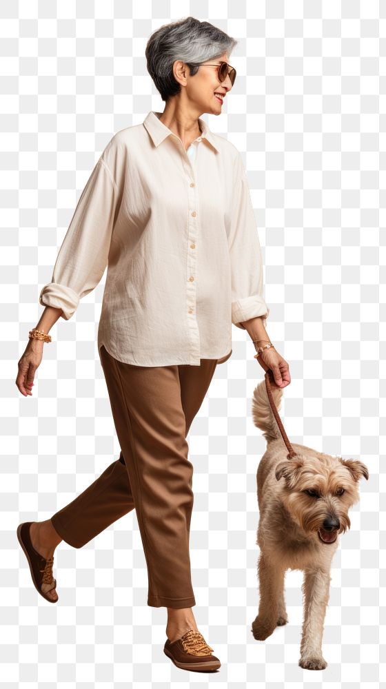PNG Cream shirt and pant mockup dog footwear walking.