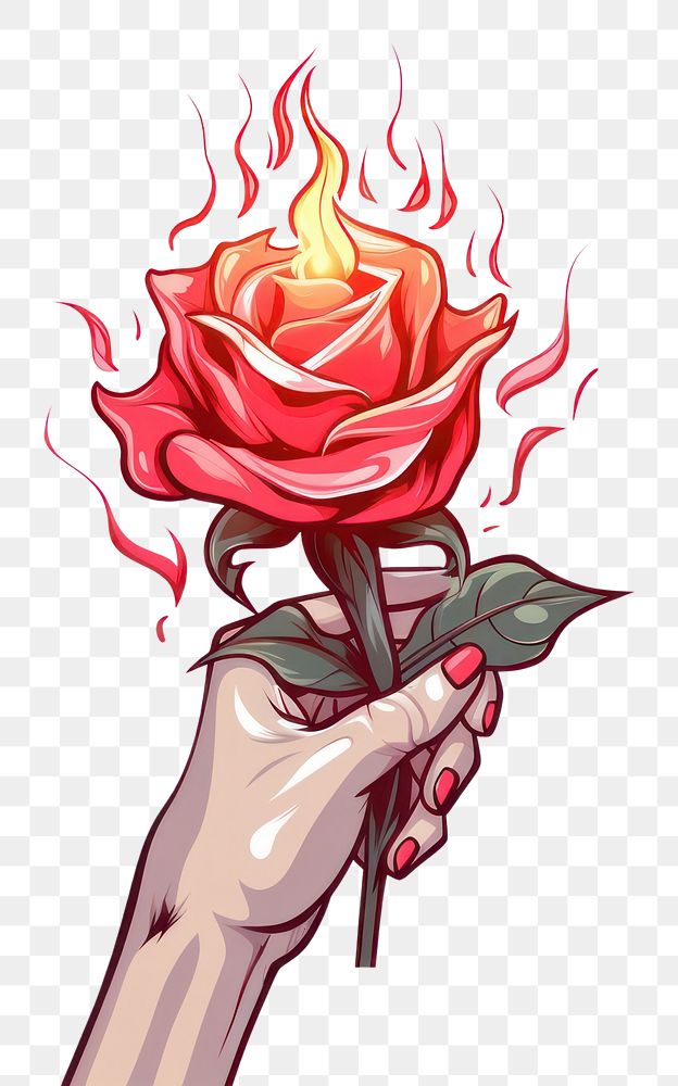 PNG Human hand holding rose on fire cartoon drawing sketch.
