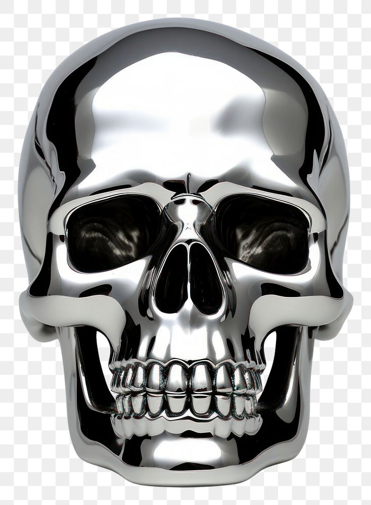 PNG Fired skull Chrome material silver shiny white background.