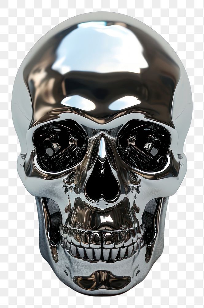 PNG Pirates skull Chrome material silver shiny white background.