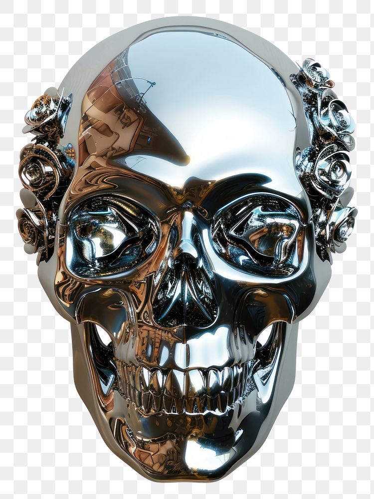 PNG Skull with roses Chrome material silver mask white background.