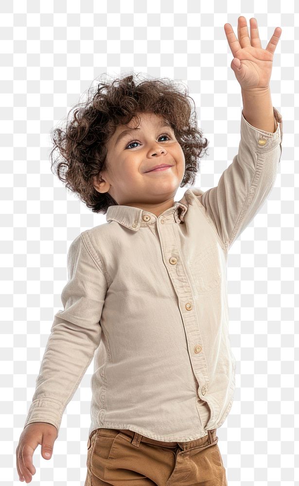 PNG Middle eastern boy 6 years old happy raising her hand baby white background studio shot.
